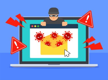 Bilgisayar virüsleri enfekte e-postalardan yayılır. Bilgisayarda sistem güvenliği uyarısı var. Kötü amaçlı yazılım, fidye virüsü, virüs, Truva virüsü ya da hacker tehdidi. Antivirüs konsepti. Düz vektör resimleme.