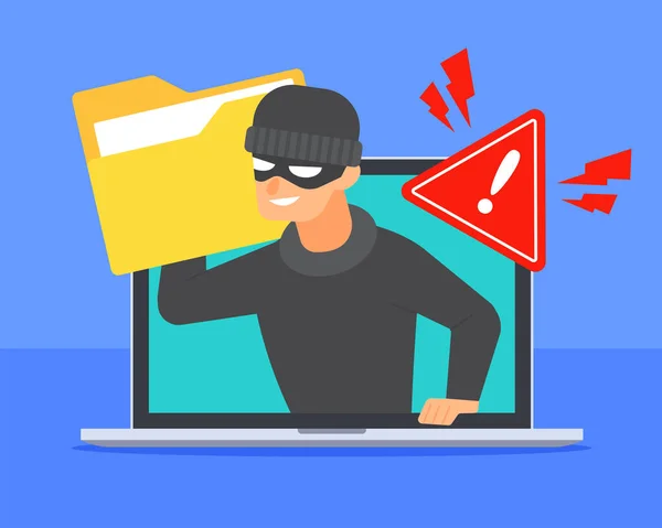 ノートパソコン内のハッカーはドキュメントフォルダアイコンを保持します コンピュータセキュリティの脆弱性 データ侵害 サイバー犯罪 ランサムウェア またはファイルハッキングの概念 漫画フラットベクトル 技術的脅威図 — ストックベクタ