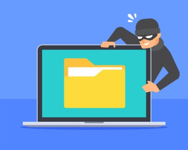 Hacker dizüstü bilgisayar ekranında belge klasörü simgesi çalıyor. Veri sızıntısı, dosya hackleme, bilgisayar güvenlik açığı veya siber suç kavramı. Düz çizgi film vektörü. Teknoloji tehdidi illüstrasyonu.