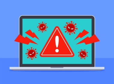 Bilgisayardaki bilgisayar virüsleri hakkında sistem uyarısı. Teknolojik virüs tehdidi, kötü amaçlı yazılım, fidye virüsü, Truva virüsü ya da hackleme. Siber suç ya da antivirüs konsepti. Düz çizgi film vektör çizimi.