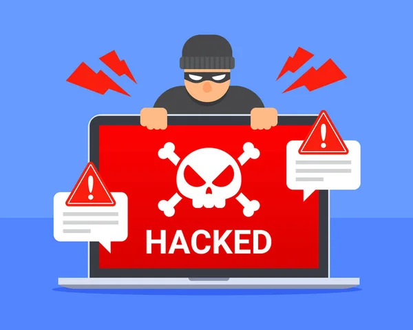 頭蓋骨 ハッカー およびシステム警告メッセージ付きのハッキングされたラップトップ コンピュータハッキング サイバー犯罪 ウイルス マルウェア またはサイバーセキュリティの概念 フラット漫画のベクトルアイコン 技術的脅威図 — ストックベクタ
