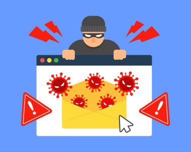 Bilgisayar virüsleri enfekte e-postalardan yayılır. İnternet tehdidi, siber suç, virüs, kötü amaçlı yazılım ya da fidye virüsü. Antivirüs ya da çevrimiçi güvenlik kavramı. Düz çizgi film vektör ikonu. Teknoloji çizimi.