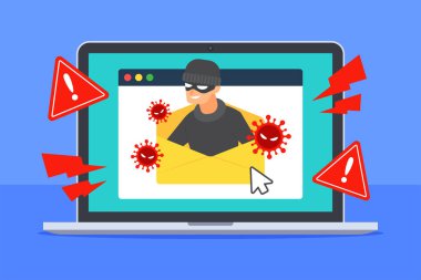 Hacker ve virüslerle enfekte olmuş bir e-posta. İnternet tehdidi ya da hackleme konseptine karşı sistem uyarısı. Bilgisayar virüsü, kötü amaçlı yazılım, fidye virüsü veya Truva virüsü. Düz çizgi film vektör çizimi. Antivirüs simgesi.