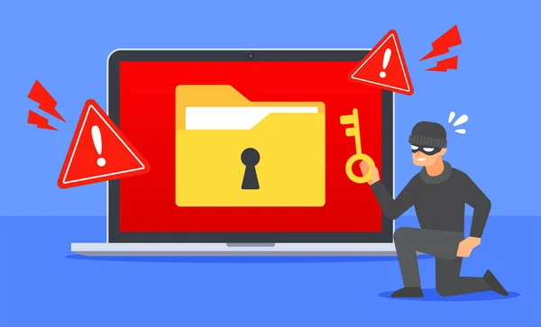 Hacker Detém Chave Para Desbloquear Pasta Documentos Bloqueados Laptop Alerta — Vetor de Stock