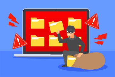 Hacker dizüstü bilgisayardan belge klasörü simgesi çalıyor. Siber tehdit ya da siber suç kavramına karşı sistem uyarısı. Veri sızıntısı veya dosya hacklemesi. Düz çizgi film vektör ikonu. Teknoloji çizimi.