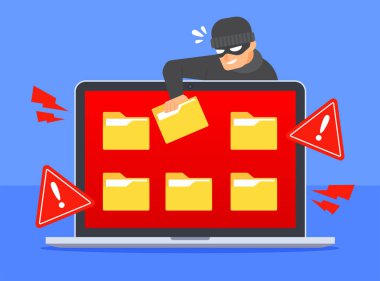 Hacker dizüstü bilgisayardan belge klasörü simgesi çalıyor. Siber tehdit ya da siber suç kavramına karşı sistem uyarısı. Veri sızıntısı veya dosya hacklemesi. Düz çizgi film vektör ikonu. Teknoloji çizimi.