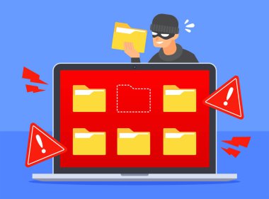 Hacker dizüstü bilgisayardan belge klasörü simgesi çalıyor. Siber tehdit ya da siber suç kavramına karşı sistem uyarısı. Veri sızıntısı veya dosya hacklemesi. Düz çizgi film vektör ikonu. Teknoloji çizimi.