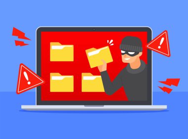 Hacker dizüstü bilgisayardaki belge klasörü simgesini çalıyor. Siber tehdit ya da siber suç kavramına karşı sistem uyarısı. Veri sızıntısı veya dosya hacklemesi. Düz çizgi film vektör ikonu tasarımı. Teknoloji çizimi.