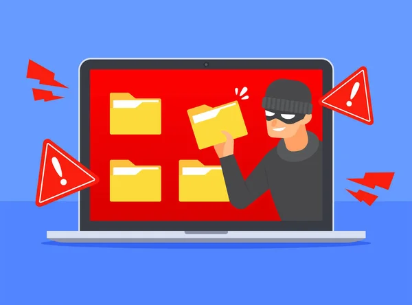 ハッカーはノートパソコンの画面でドキュメントフォルダアイコンを盗む サイバー脅威やサイバー犯罪の概念に対するシステム警告 データ侵害またはファイルハッキング フラット漫画ベクトルアイコンデザイン 技術イラスト — ストックベクタ