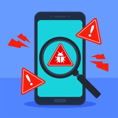 Yazılım algılayıcı akıllı telefon ya da cep telefonu. Hata uyarısı. Sistem taraması ya da virüs, fidye virüsü, böcek ya da savunmasızlık. Antivirüs konsepti. Düz çizgi film ikonu tasarımı. Vektör illüstrasyonu.