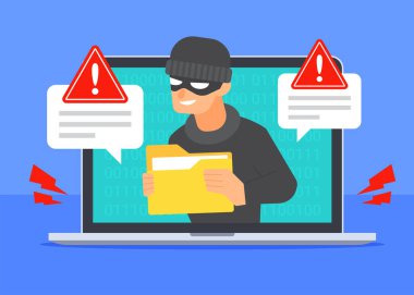 Hacker dizüstü bilgisayardaki dosya simgesini çalıyor. Tehlike siber güvenlik tehdidi alarmı. Siber suçlar ya da veri sızıntısı, bilgisayar dosyası hackleme konsepti. Düz çizgi film vektör tasarımı. Teknoloji çizimi.