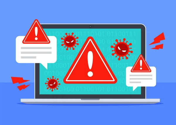 ラップトップ上のコンピュータウイルス攻撃 システムセキュリティ上の脅威警報 サイバー犯罪 脆弱性 またはウイルス対策の概念 マルウェアやランサムウェア フラット漫画アイコンベクトルデザイン 技術イラスト — ストックベクタ