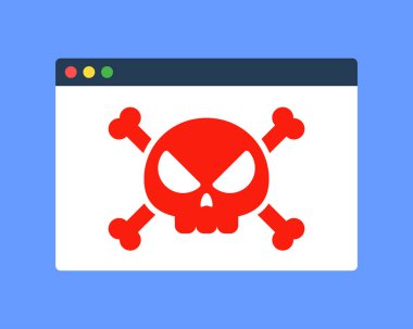 Kırmızı kafatası ikonlu web tarayıcı penceresi. Tehlikeli web sitesi ya da karanlık ağın sembolü. Virüs ya da kötü amaçlı yazılım içeren bir site. İnternet tehdidi ya da siber suç kavramı. Düz çizgi film vektör teknolojisi çizimi.