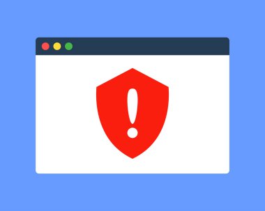 Kırmızı kalkan simgesi olan web tarayıcı penceresi. Tehlikeli web sitesi tespiti ya da siber suçun sembolü. İnternet tehdidi koruması ya da siber güvenlik kavramı. Basit düz çizgi film vektör teknolojisi çizimi.