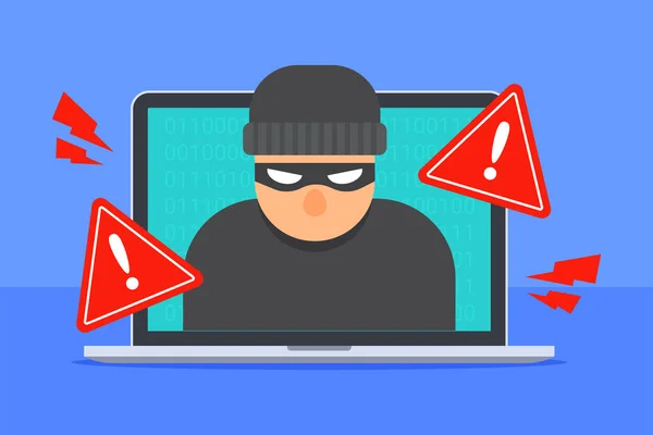 Haker Laptopie Alarm Bezpieczeństwa Systemu Koncepcja Cyberprzestępczości Cyberzagrożenia Ataku Typu — Wektor stockowy