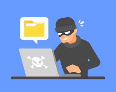 Hacker dizin çalmak için dizüstü bilgisayar kullanıyor. Veri sızıntısı, siber suç, bilgisayar sistemi hackleme, güvenlik açığı veya dijital tehdit kavramı. Düz çizgi film ikonu. Teknoloji vektör illüstrasyonu.