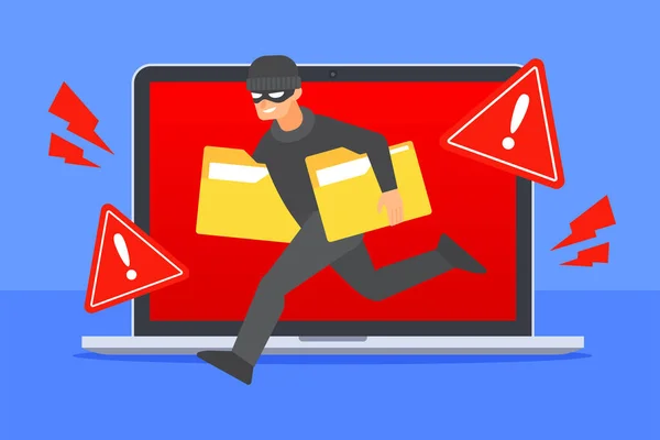 Haker Kończy Się Laptop Ikonami Folderów Dokumentów Naruszenie Danych Lub — Wektor stockowy