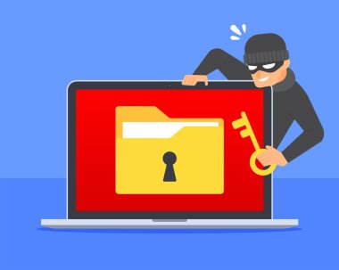 Anahtar ya da asma kilide sahip hacker, dizüstü bilgisayardaki kilitli belge ikonuna erişmeye çalışıyor. Veri sızıntısı, siber suç, dijital dosya hackleme veya siber güvenlik tehdidi kavramı. Düz çizgi film vektör çizimi.