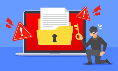 Hacker, dizüstü bilgisayardaki kilitli belge klasörünü açmak için anahtar kullanıyor. Siber tehdit ya da siber suç kavramına karşı sistem uyarısı. Veri sızıntısı veya dosya hacklemesi. Düz çizgi film vektör ikonu. Teknoloji çizimi.