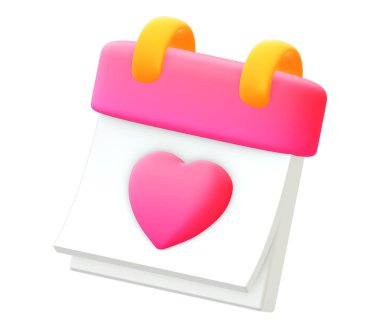 Pembe kalpli takvim. 3 boyutlu element simgesi çizimi. Sevgililer günü, düğün günü, çıkma ya da yıldönümü kavramı. Aşkın ya da aşkın işareti ya da sembolü. Grafik tasarım dekorasyonu. En düşük çizgi film biçimi.