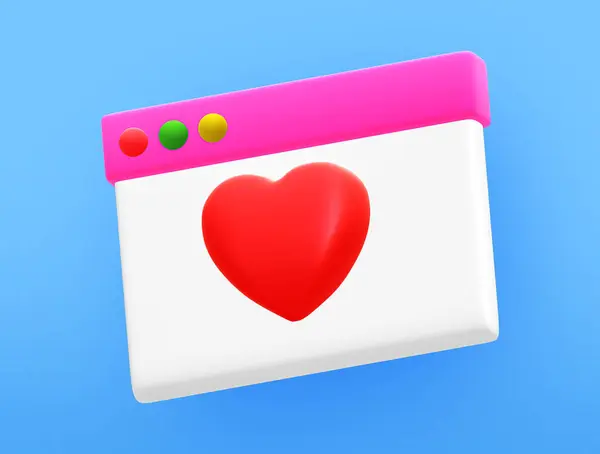 Web browser window with red heart shape. 3d icon illustration isolated on blue background. Graphic design element decoration for valentine. Concept of love message, favorite, or like. Cartoon style.