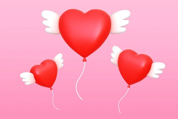 Bunch of red heart shape balloons with white wings. Symbol of love. Valentine graphic design element decoration. Cute 3d render cartoon icon illustration for birthday party or celebration.