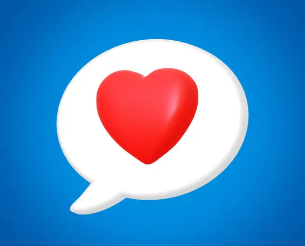 White chat bubble with red heart. Cute 3d icon illustration. Symbol of love message or confession. Romance or romantic concept. Graphic design element decoration. Speech text box with cartoon style.