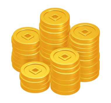 İzometrik manzaralı bir yığın Çin altın sikkesi. 3 boyutlu element simgesi çizimi. Çin 'de eski para ya da para birimi. Zenginliğin sembolü. Ya da Çin Yeni Yıl Festivali için grafik tasarım dekorasyonu. 