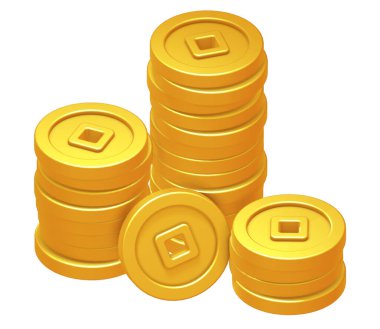 İzometrik manzaralı bir yığın Çin altın sikkesi. 3 boyutlu element simgesi çizimi. Çin 'de eski para ya da para birimi. Zenginliğin sembolü. Ya da Çin Yeni Yıl Festivali için grafik tasarım dekorasyonu. 