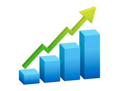 Yeşil oklu mavi büyüme grafiği çizelgesi. 3 boyutlu element simgesi çizimi. İş kârı, pazarlama hedefi, veri analiz raporu, hisse yatırımı, finans istatistikleri veya uyum kavramı.