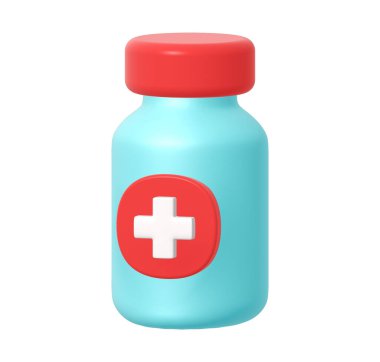 Tıbbi ikonlu üç boyutlu ilaç şişesi. Grafiksel element çizimi. İlaç şişesi, ilaç, antibiyotik, ilaç, eczane, sağlık, ilaç, tedavi, ilk yardım veya tedavi konsepti. Basit ve minimal.