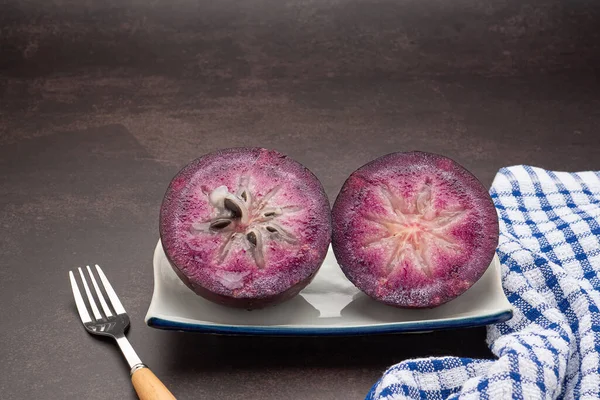 Ripe Purple Star Apple Fruit Half Placed Plate Cutlery Cloth — Photo