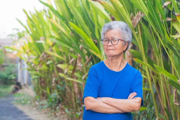 Una Anciana Asiática Pelo Gris Corto Con Gafas Brazos Cruzados — Foto de Stock