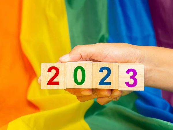 Cubi Legno Con Lettere 2023 Mano Con Bandiera Arcobaleno Sfondo — Foto Stock