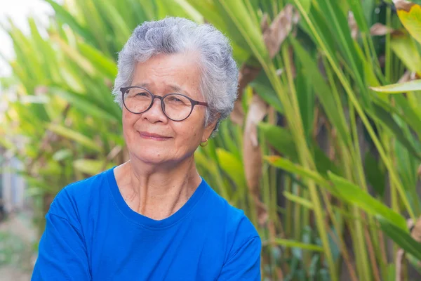 Portrait of an elderly woman with short gray hair wearing glasses, smiling and looking at the camera while standing in a garden. Space for text. Concept of aged people and healthcare.