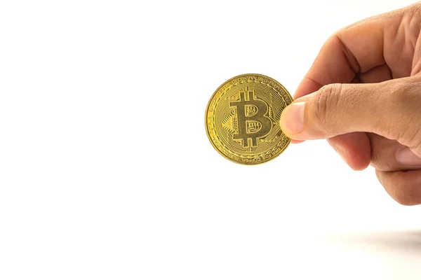 Close Mão Segurando Uma Moeda Ouro Bitcoin Com Fundo Branco Fotografias De Stock Royalty-Free
