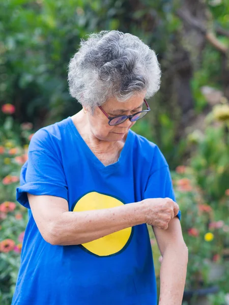 一位亚洲老年妇女站在花园时 灰白短发的画像卷起袖子 退休后好好享受生活 老年人与放松的概念 — 图库照片