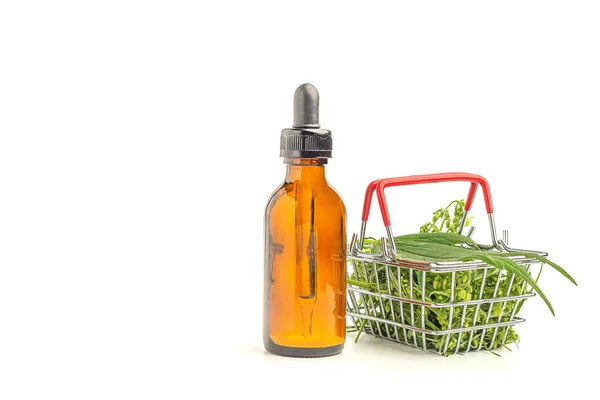 Bottle Cannabis Oil Extracts Green Marijuana Leaves Mini Basket Isolated — Stock Photo, Image