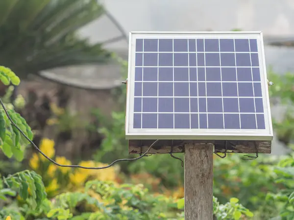 Small size solar cell panels in the garden. Space for text.