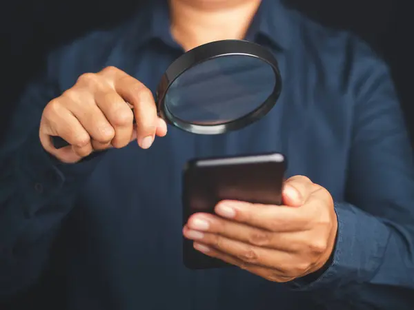 Businessman Using Smartphone Magnifying Glass Close Photo Search Online Concept — Stock Photo, Image