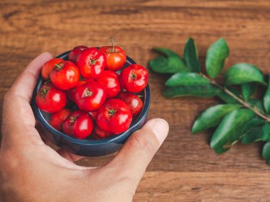 Elinde olgun kırmızı acerola kirazlı seramik bir kâse ve ahşap masa arkasında yeşil yapraklar olan bir el resmi. Yüksek C vitamini ve antioksidan meyveler. Üst Manzara. Sağlıklı meyve kavramı.