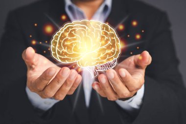 Avucundaki beynin dijital görüntüsü. Derin öğrenme. Makine öğrenme ve yapay zeka. Yapay zeka teknolojisi kavramı. İş analizi, yenilik, bilim ve tıp teknolojisi.