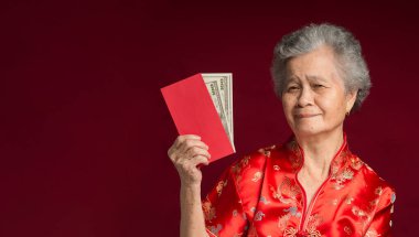 Çin Yeni Yıl konsepti. Son sınıf öğrencisi bir kadının portresi geleneksel bir Cheongsam Qipao elbisesi giymiş Angpao 'yu elinde Amerikan dolarlarıyla stüdyoda kırmızı arka planda dikilirken.