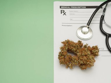 Stetoskop ve kuru marihuana tomurcukları yeşil bir arka planda izole edilmiş tıbbi reçete kağıdında çiçek açar. Mesaj için yer var. Bitkisel, tıbbi ve sağlık hizmetleri kavramı.