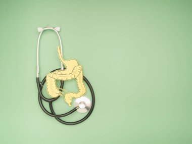 A large intestine shape made from paper and a stethoscope on a green background. Treatment and prevention of constipation and diarrhea. Intestinal microflora and probiotics. Top view clipart