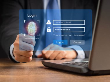 Sanal ekranda giriş sayfası kullanıcı adı ve parolası. İş adamı sanal ekranda ağ sistemine giriş tuşuna basıyor. İş ve teknoloji kavramı