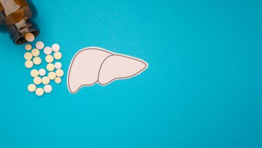 Kağıttan yapılmış karaciğer şekli ve mavi arka planda şişesi olan hap kapsülleri. Sağlık ve Tıp Konsepti