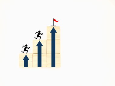 İş başarısı hedefi, hedef ve takım. Takım çalışması hedefe yükselir ve başarılı bir işe ulaşır. Ortak hedef başarı kavramı. Beyaz arkaplanı olan tahta küplerde kırmızı bayrak simgesi