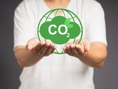 Gri arka planda dururken palmiye adamının üzerinde CO2 yeşil simgesi olan toprak simgesi. Yenilenebilir enerji. Ağ-sıfır sera gazı emisyon hedefi. Green Industries iş ve CO2 emisyon kavramı