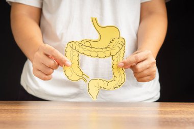 Siyah bir arka planda dururken, kağıttan yapılmış kalın bir bağırsak şeklini tutan el. Kabızlık ve ishalin tedavisi ve önlenmesi. Bağırsak mikroflorası ve probiyotikleri.